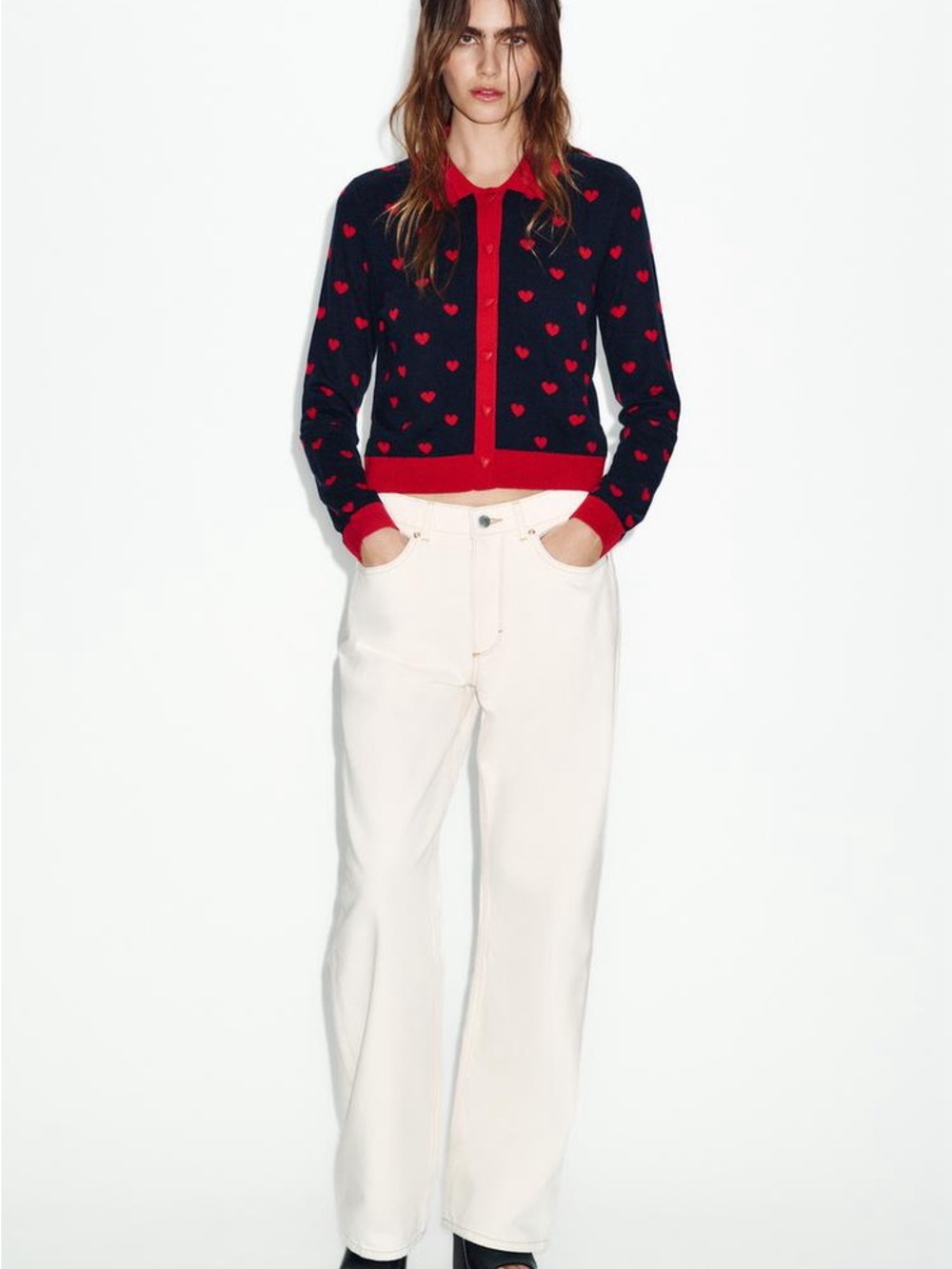 ZARA BNWT HEART JACQUARD CARDIGAN. NAVY BLUE/RED 4938/008/401